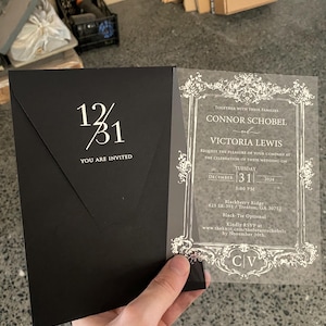 Convite de casamento em acrílico prateado de luxo - Cartão preto moderno - Envelope exclusivo e elegante