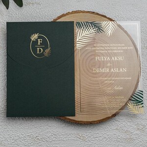 Faire-part de mariage en acrylique dépoli doré, faire-part rétro élégant vert et or pour les mariages, cadeau nuptiale personnalisé