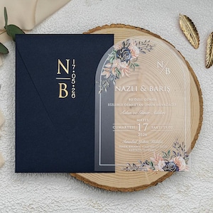 Faire-part de mariage en acrylique avec motif floral, carte en acrylique dépoli, roses élégantes et blanc faire-part de mariage rétro, personnalisé