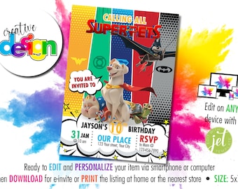 DC League of Super-Pets Birthday Invitation | Instant Personalized & Editable | Digital Download and Printable | 5"x7" size
