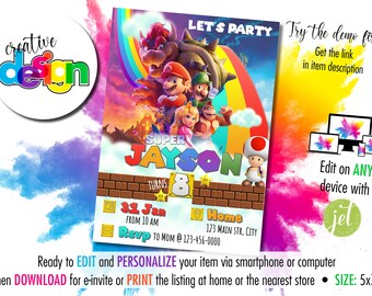 Invitación de fiesta de cumpleaños de Super Mario Movie / Instantánea personalizada y editable / Descarga digital e imprimible / 5 "x 7" tamaño