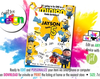 Minions - Rise of Gru Birthday Invitation | Instant Personalised and Editable | Digital download & Printable | 7”x5” size