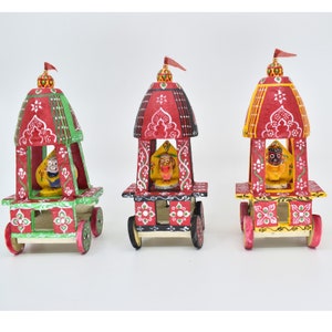 Handmade 8-Inch Wooden Jagannath Balabhadra Subhadra Ratha Set, Jagannath Chariot Set of 3 from Puri