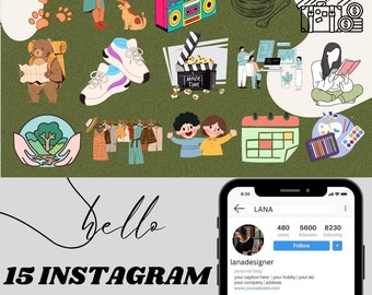 May include: A digital graphic set featuring 15 Instagram highlight icons including a bear, sneakers, boombox, travel items, and art supplies, displayed alongside a smartphone screen showing a profile named LANA with highlight circles labeled SPORTS, WORK, MOVIE, and BOOK.