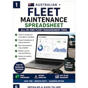 May include: A digital fleet maintenance spreadsheet displayed on a laptop screen, featuring a dashboard with charts and data. The text reads Australian Fleet Maintenance Spreadsheet, All-in-one Fleet Management Tool, and Keep Your Fleet Movinord.