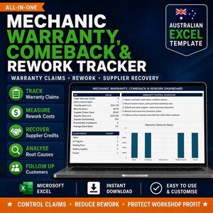 May include: A digital mechanic warranty, comeback, and rework tracker Excel template displayed on a laptop screen. The interface features a dashboard with KPI values, a warranty control workflow list, and a bar chart showing claims by status.