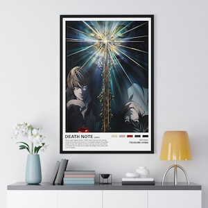 May include: Framed Death Note (2007) poster featuring two anime characters with dramatic lighting. The poster includes the title, a brief synopsis, and the author's name. The color palette includes shades of blue, gold, and black.