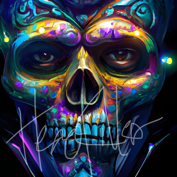 Sugar Skull Male, sugar skull face, neon,  Vibrant Colors, Sugar Skull, sugar skull man, vibrant print, digital, download, day of the dead