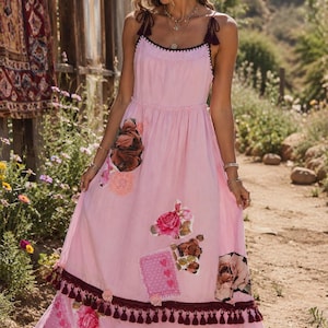 May include: A light pink maxi dress featuring dark maroon tassel trim at the neckline and hem. The dress is adorned with various floral patches and a pink polka-dot square patch with heart motifs. It has thin shoulder straps with tassel accents.