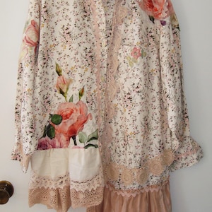 Made in Italy original Vintage Shirt upcycled by Magnolia Love boho romantic pearl crochet OOAK prairie cream frill top tunic rose applique