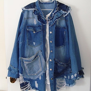 Magnolia Love L XL 2XL Swing A-line Giacca in denim infrangibile Cappotto patchwork perla OOAK strappi lacerazioni romantico grunge hobo boho fatto a mano