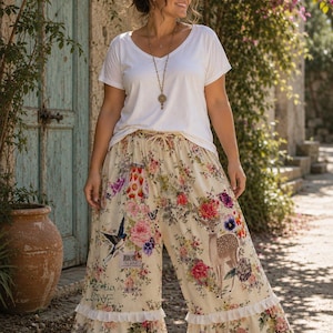 Magnolia Love Bloomers, parel-geïnspireerde broek, ONE SIZE plus speelse harembroek, boho, vogel, hert, roos, uil, aardbei, applicaties, wit, crème, roze, groen