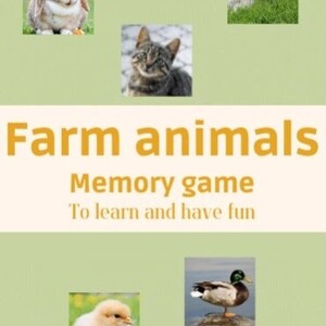 Puede incluir: Un juego de memoria con animales de granja. El juego incluye imágenes de un conejo, un gato, un cordero, un pato y un pollito.