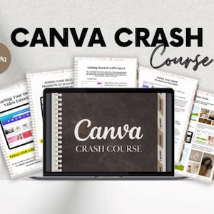 May include: A laptop displaying a Canva Crash Course, surrounded by printed guides. The title "Canva Crash Course" is prominently displayed. The image includes the Canva logo and various tutorial pages.