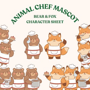 以下が含まれることがあります： シェフ姿のクマとキツネの漫画イラスト。画像には「ANIMAL CHEF MASCOT」と「BEAR & FOX CHARACTER SHEET」の文字が含まれています。クマとキツネはコック帽とエプロンを着用し、一部は調理器具を持っています。