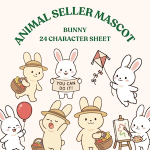 以下が含まれることがあります： 「ANIMAL SELLER MASCOT」と「BUNNY 24 CHARACTER SHEET」の文字が入ったウサギのマスコットのイラスト。果物のバスケット、凧、そして「YOU CAN DO IT！」と書かれた看板を持っているなど、さまざまなポーズの漫画のウサギが描かれています。