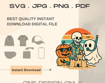 Halloween Beach Svg PNG JPG PDF | Retro Skeleton Ghost Pumpkin Sandcastle Design | Funny Spooky Summer Digital Download Clipart for T-Shirts