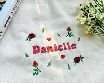 Custom Name Tote Bag, Canvas Tote Bag, Embroidery Tote Bag, Custom Tote Bag With Rose Flowers, Personalized Gift, Eco Friendly Bag