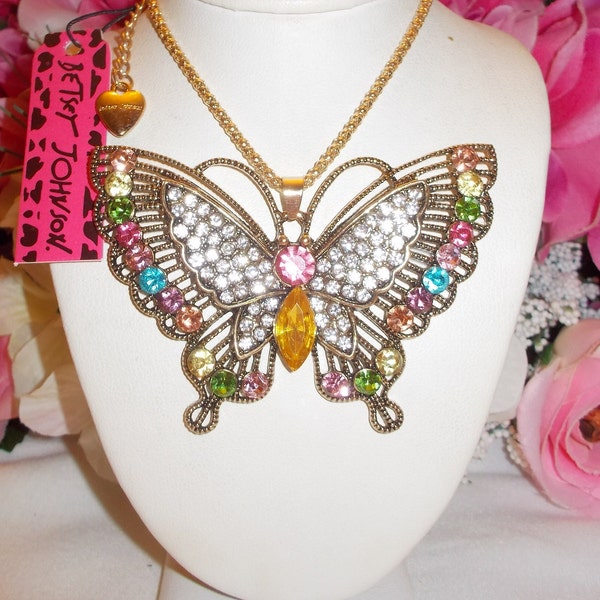 BETSEY JOHNSON  lovely multicolor crystal inlay butterfly long yellow gold plated chain pendant necklace