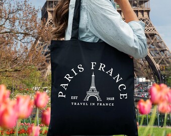 Paris France Black Canvas Tote Bag, Eiffel Tower Design