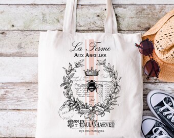 Honeybee Tote Bag | French Queen Bee Tote Bag | Vintage French Shabby Chic Aesthetic | 15" x 16" Canvas Tote Bag | Bee Lover Gift