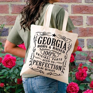 Bolsa de tela de Georgia, estilo vintage, Georgia, nacido y criado en Georgia, recuerdo de Georgia, bolsa de tela, regalo de Georgia, bolsa de tela del estado de Georgia