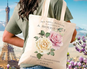 Floral French Canvas Tote Bag, Shabby Chic Roses