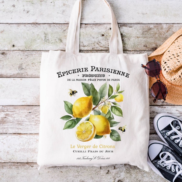 Lemon Tote Bag | Vintage French Country Aesthetic Tote Bag | Fruit Tote Bag | 15" x 16" Canvas Tote Bag| Lemon Gift