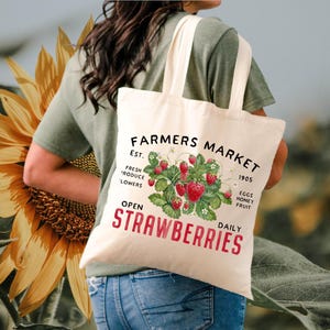 Strawberry Tote Bag | Vintage Farmers Market Aesthetic | Fruit Tote Bag | 15&quot; x 16&quot; Canvas Tote Bag | Strawberry Gift, Tote Bag Aesthetic