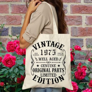 50th Birthday Tote Bag - Born 1975 Vintage Cotton Bag - 50th Birthday Gift for Woman - 50th Birthday Gift for Her