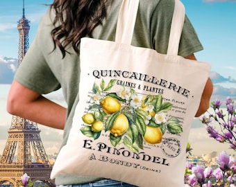 Lemon Blossom Canvas Tote Bag: Vintage French Country Style