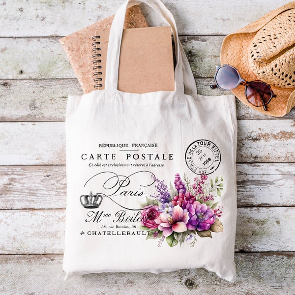 Floral Tote Bag | Paris Carte Postale Tote Bag | Vintage French Country, Shabby Chic, Canvas Tote Bag, Aesthetic Tote Bag, Paris Gift