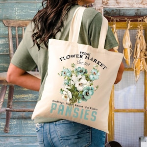 Floral Tote Bag | Pansies Tote Bag | Vintage Farmers Market Aesthetic | 15&quot; x 16&quot; Cotton Canvas Tote Bag, Farmhouse Gift, Pansies Gift
