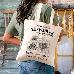 Sunflower Tote Bag | Vintage Farmers Market Style | Floral Tote Bag Aesthetic | 15&quot; x 16&quot; Canvas Tote Bag, Sunflower Gift