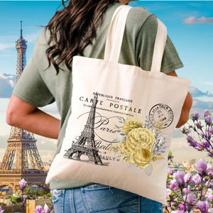 Paris Tote Bag, French Tote Bags, Carte Postale Tote, Floral Tote Bag, Canvas Tote Bag, Paris Gift, Tote Bag Aesthetic, Eiffel Tower Tote