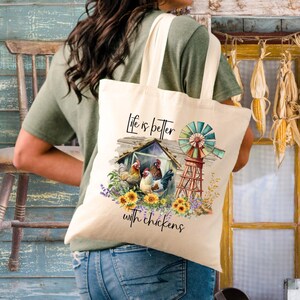 Life is Better with Chickens Tote Bag, Farm Tote Bag, Country Tote Bag, Cottage Core, Canvas Tote Bag, Tote Bag Aesthetic