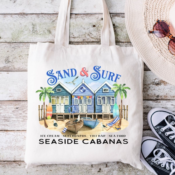 Seaside Cabanas Sand & Surf Tote Bag, Beach Bag, Summer Tote Bags, Vintage Style, Canvas Tote Bag, Beach Gift, Vacation Gift