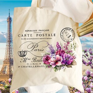 Floral Tote Bag | Paris Carte Postale Tote Bag | Vintage French Country, Shabby Chic, Canvas Tote Bag, Aesthetic Tote Bag, Paris Gift