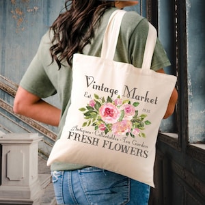 Floral Tote Bag, Vintage Market Fresh Flowers Tote, Tote Bag Aesthetic, Canvas Tote Bag, Floral Gift, Flower Market Tote