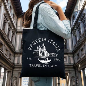 Travel in Italy Tote Bag, Black Tote Bag, Venezia Italia Tote Bag, Canvas Tote Bag, Travel Tote, Italy Gift, Girls Trip Tote, Location Tote
