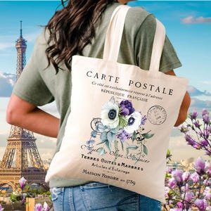 Floral Tote Bag, French Tote Bag, Carte Postale Tote, Violet Tote Bag, Shabby Chic Tote Bag, Canvas Tote Bag, Tote Bag Aesthetic