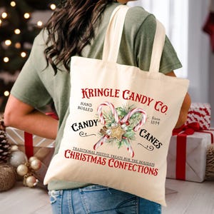 Christmas Tote Bag, Vintage Kringle Co. Candy Cane Tote Bag, XMAS tote bag, Christmas Sack, Christmas Gift, Canvas Tote Bag