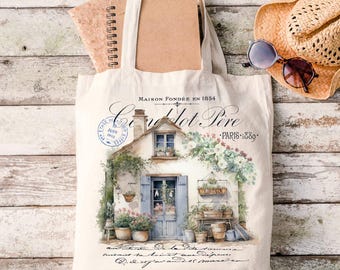 French Country Cottage Tote Bag, Shabby Chic Canvas Grocery Bag