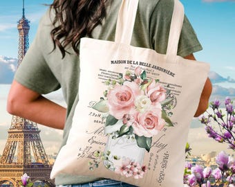Floral Rose Mason Jar Tote Bag: French Country Canvas