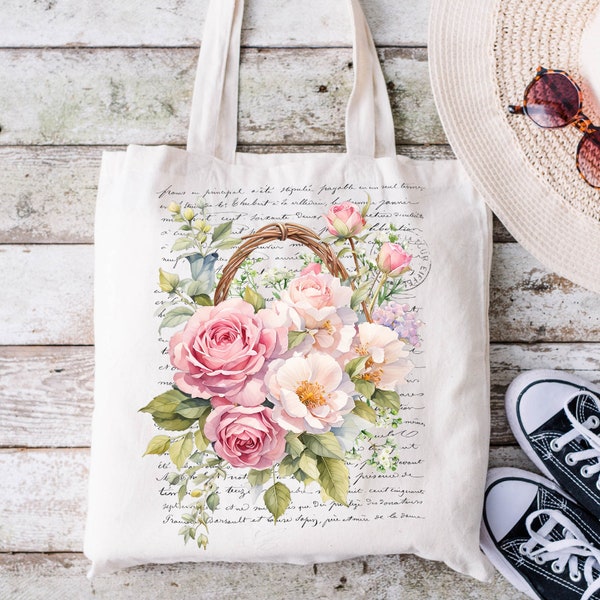 Floral Tote Bag, Shabby Chic Roses, French Country, Shabby Chic, Tote Bag Aesthetic, Canvas Tote Bag, Shabby Chic Gift
