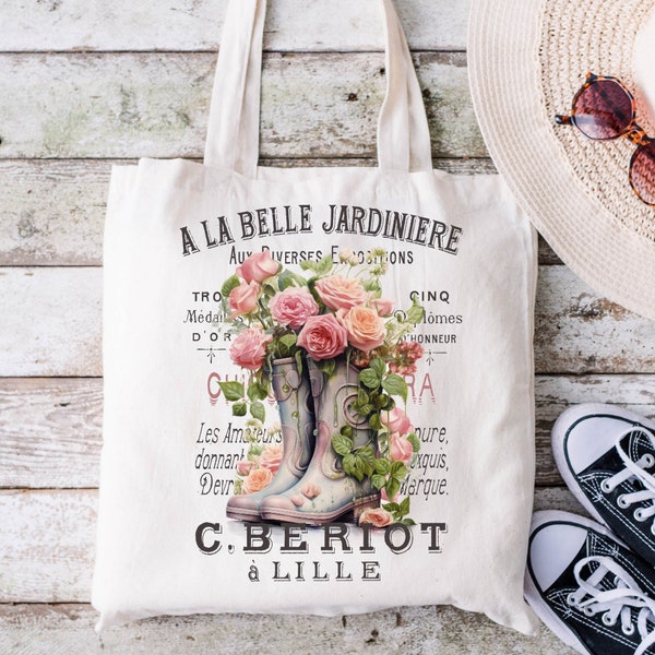 Floral Tote Bag, Boots and Roses Tote Bag, French Country, Shabby Chic, Tote Bag Aesthetic, Canvas Tote Bag, Shabby Chic Gift