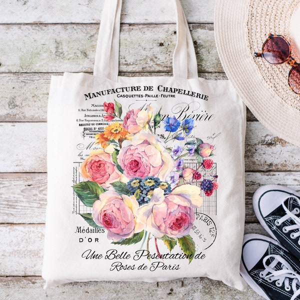 Floral Tote Bag, French Country, Shabby Chic, Tote Bag Aesthetic, Paris Rose, Shabby Chic Gift