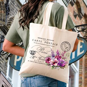 Floral Tote Bag | Paris Carte Postale Tote Bag | Vintage French Country, Shabby Chic, Canvas Tote Bag, Aesthetic Tote Bag, Paris Gift