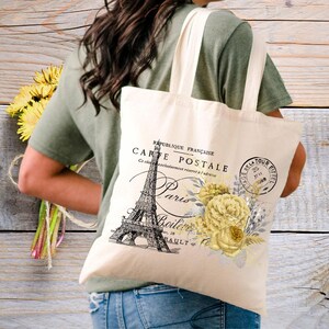 Torba typu tote Paris, francuskie torby typu tote, torba Carte Postale, torba typu tote z motywem kwiatowym, torba typu tote z płótna, prezent Paris, estetyczna torba typu tote, torba typu tote z wieżą Eiffla