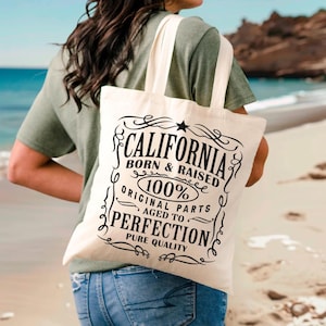 California Tote Bag, California Born & Raised Tote Bag, Vintage Style, California Souvenir, Canvas Tote Bag, California Gift, Black Tote Bag